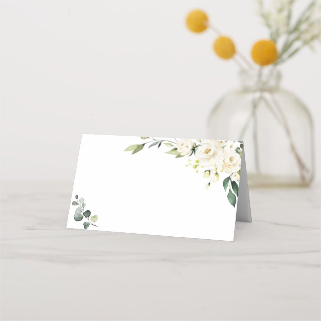 Tarjeta De Asiento Elegante Boda de Eucalipto de Rosas Blancas (Anverso)