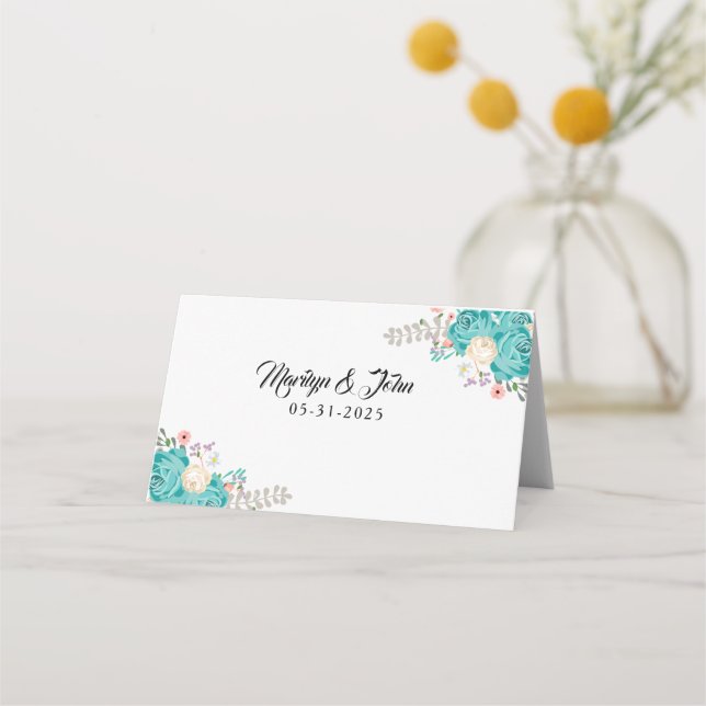 Tarjeta De Asiento Elegante Boda de Flores Azules (Anverso)