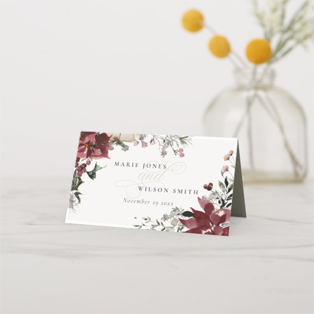 Tarjeta De Asiento Elegante Boda de Foliage Dusky Invierno Cálido (Anverso)