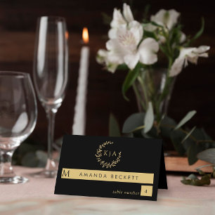 Tarjeta De Asiento Elegante Boda de guirnaldas de monograma negro y o