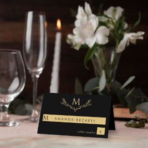 Tarjeta De Asiento Elegante Boda de guirnaldas de monograma negro y o