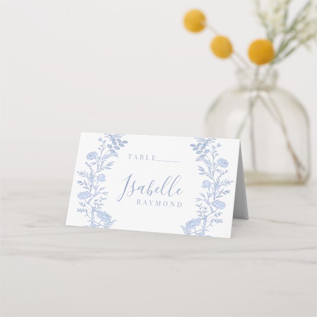 Tarjeta De Asiento Elegante Boda de guirnaldas florales azules clásic (Anverso)