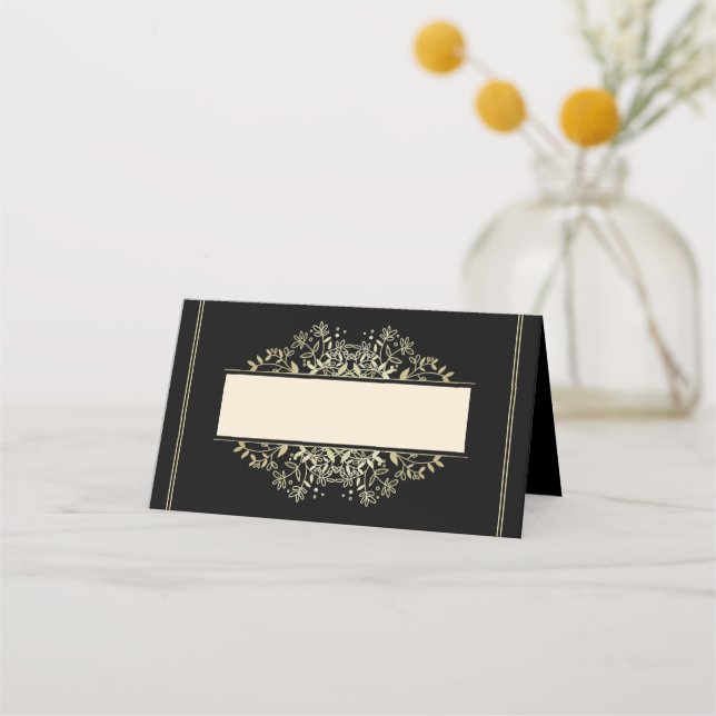Tarjeta De Asiento Elegante Boda de oro negro y blanco (Anverso)