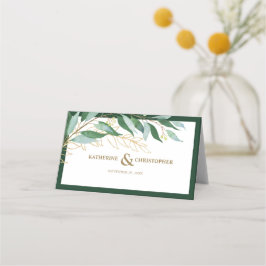 Tarjeta De Asiento Elegante Boda de Oro Verde Forestal Foliage