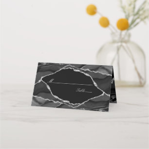 Tarjeta De Asiento Elegante boda de plata con ónix negro