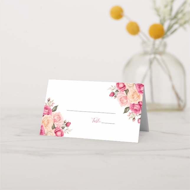 Tarjeta De Asiento Elegante Boda de Rosa de marfil y rosa de Fucia (Reverso)