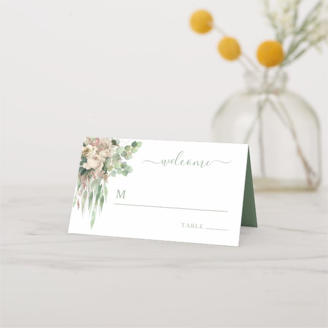 Tarjeta De Asiento Elegante Boda de Rosas florales verdes (Anverso)