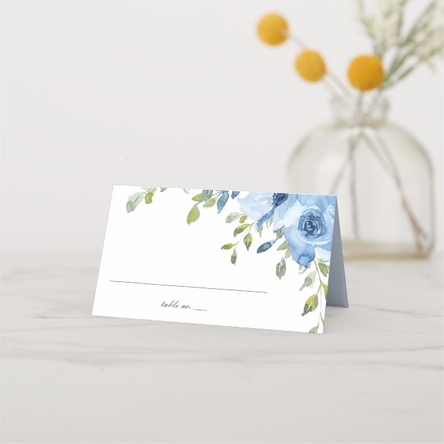 Tarjeta De Asiento Elegante Boda de vegetación floral azul plegado (Anverso)