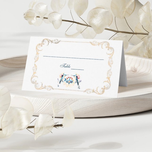 Tarjeta De Asiento Elegante Boda del colibrí barroco azul mexicano (Elegant gold baroque frame with colorful Mexican floral art for a timeless wedding table.)