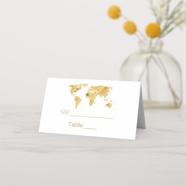 Tarjeta De Asiento Elegante Boda del Mapa Mundial de Oro de Viajes (Anverso)
