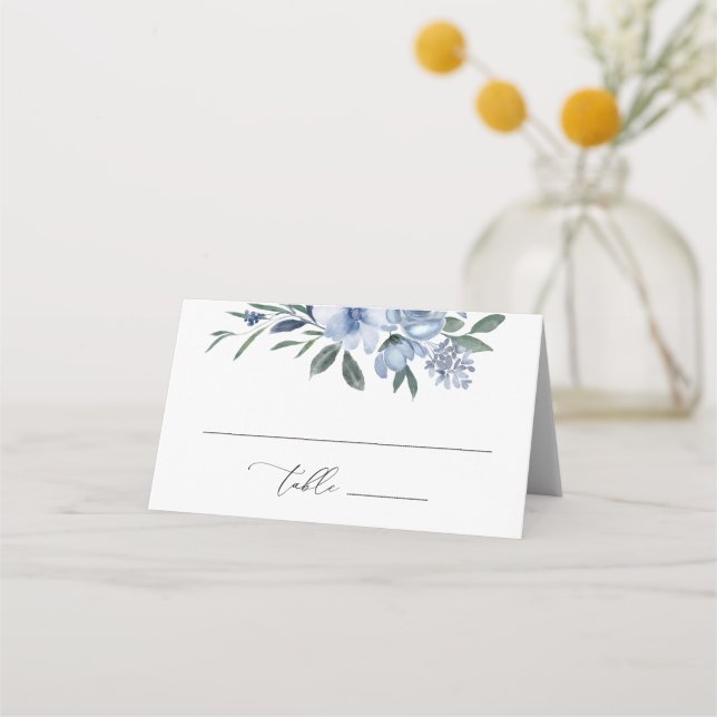 Tarjeta De Asiento Elegante Boda dorado con flores azules (Anverso)