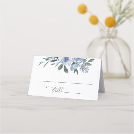 Tarjeta De Asiento Elegante Boda dorado con flores azules