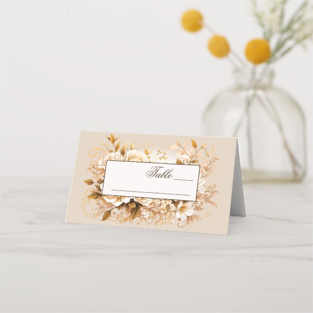 Tarjeta De Asiento Elegante Boda dorado y floral de marfil (Anverso)