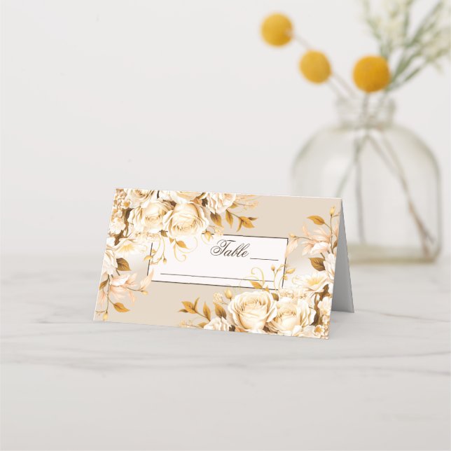 Tarjeta De Asiento Elegante Boda dorado y floral de marfil (Anverso)