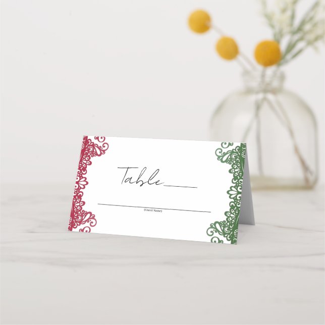 Tarjeta De Asiento Elegante Boda Fiesta de encaje rojo verde número d (Anverso)