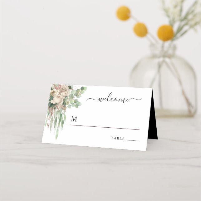 Tarjeta De Asiento Elegante Boda Floral Blanco Y Negro (Anverso)