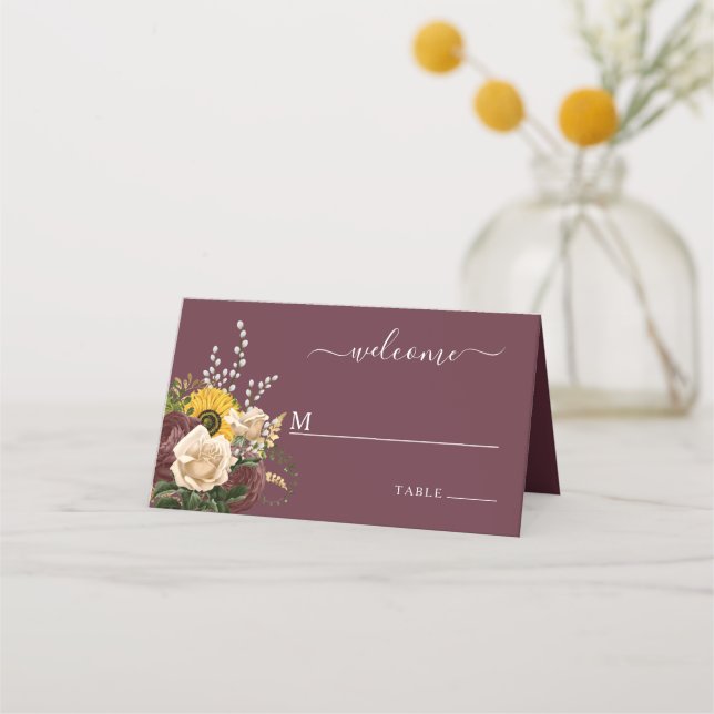 Tarjeta De Asiento Elegante Boda floral de Borgoña (Anverso)