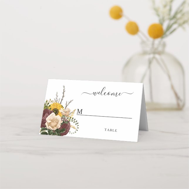 Tarjeta De Asiento Elegante Boda Floral de girasoles (Anverso)