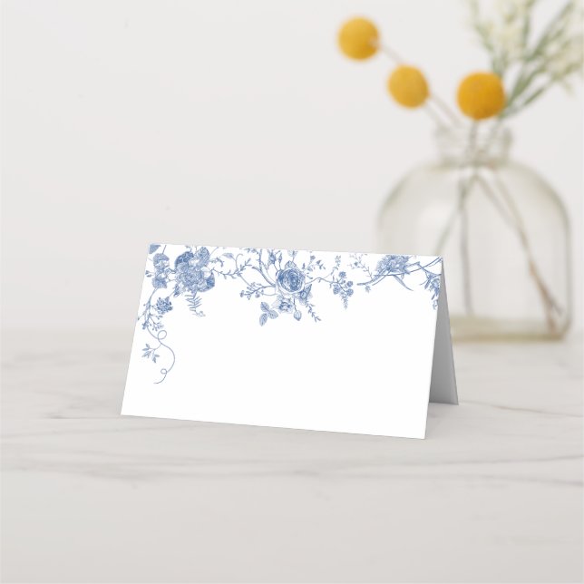 Tarjeta De Asiento Elegante Boda floral francés azul victoriano (Anverso)