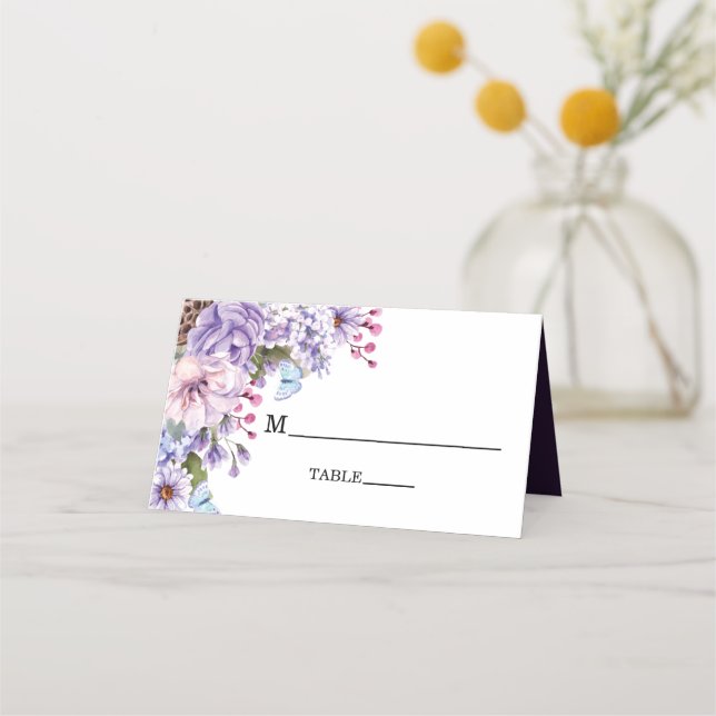 Tarjeta De Asiento Elegante Boda Floral Purple Watercolor (Anverso)