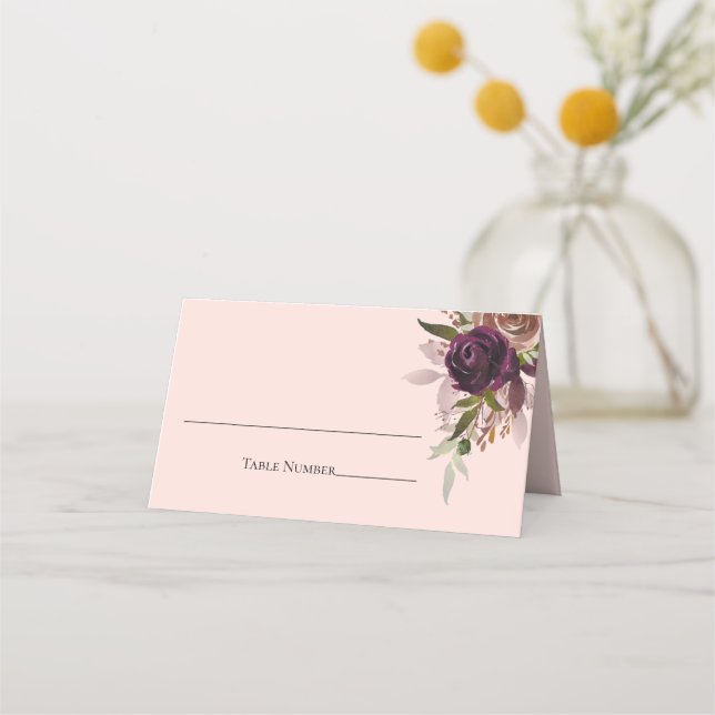 Tarjeta De Asiento Elegante Boda floral rosa de ciruela púrpura rosa (Anverso)
