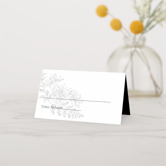 Tarjeta De Asiento Elegante Boda floral simple blanco negro (Anverso)