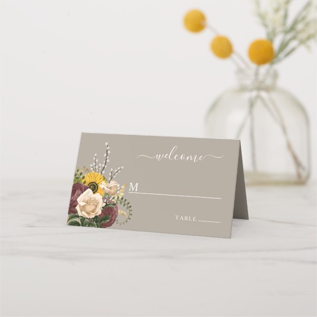 Tarjeta De Asiento Elegante Boda Floral Taupe (Anverso)