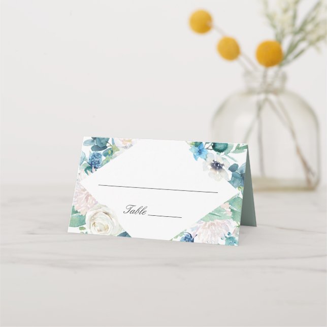 Tarjeta De Asiento Elegante Boda floral verde azul blanco (Anverso)