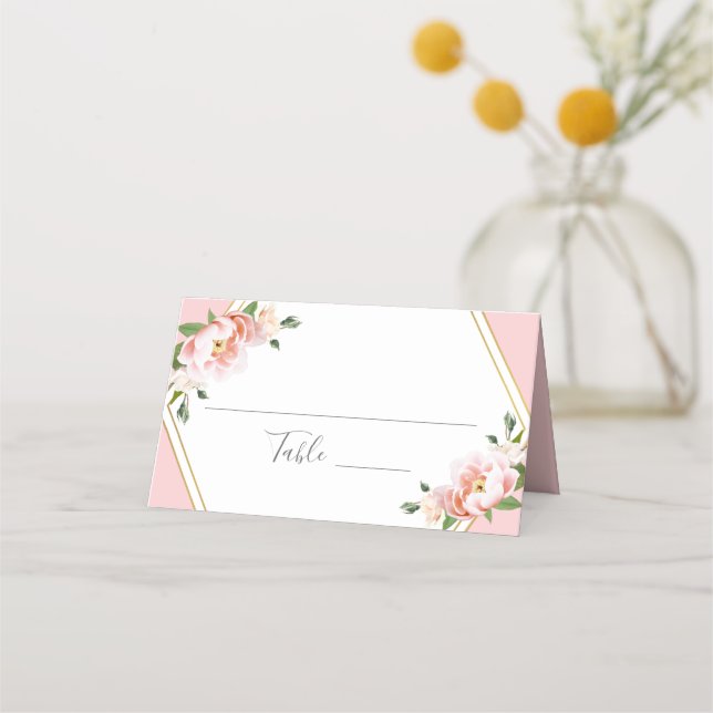 Tarjeta De Asiento Elegante Boda Geométrico Rubor Floral Gold Rosa (Anverso)