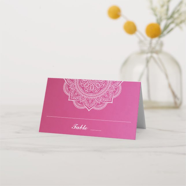 Tarjeta De Asiento Elegante Boda indio rosado y paisley blanco (Anverso)