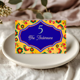 Tarjeta De Asiento Elegante boda mexicana vibrante amarillo azul