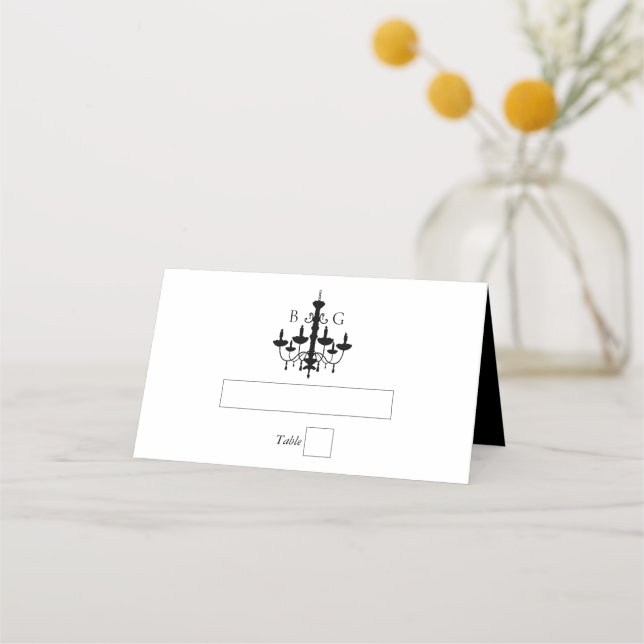 Tarjeta De Asiento Elegante Boda Monograma de la lámpara de araña bla (Anverso)