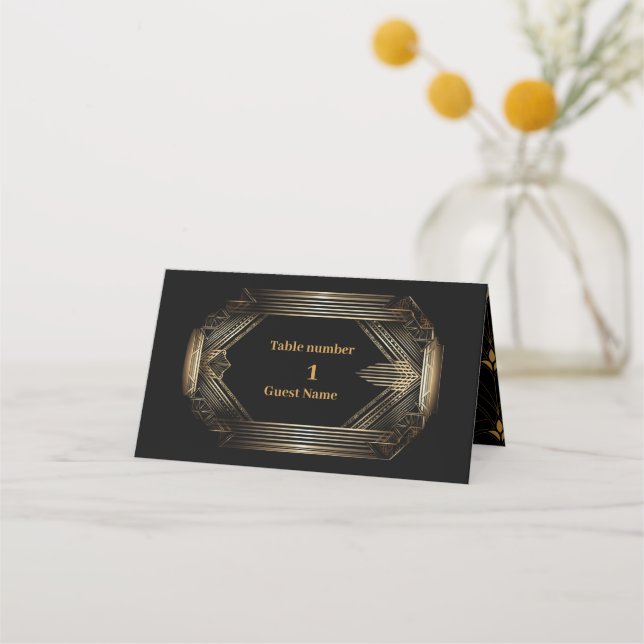 Tarjeta De Asiento Elegante Boda negro y oro Art Deco (Anverso)