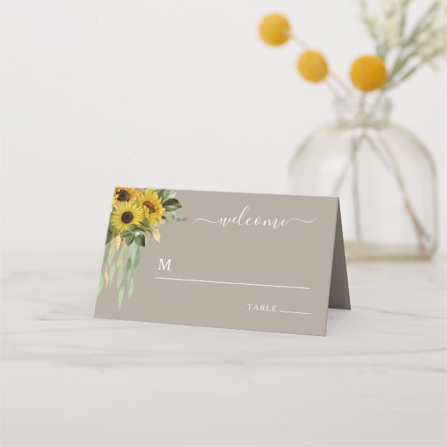 Tarjeta De Asiento Elegante Boda Taupe Floral Sunflowers (Anverso)