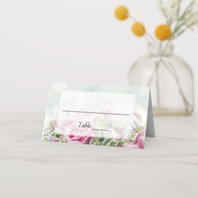 Tarjeta De Asiento Elegante Boda Verde azulado de rosas rosadas y peo (Anverso)