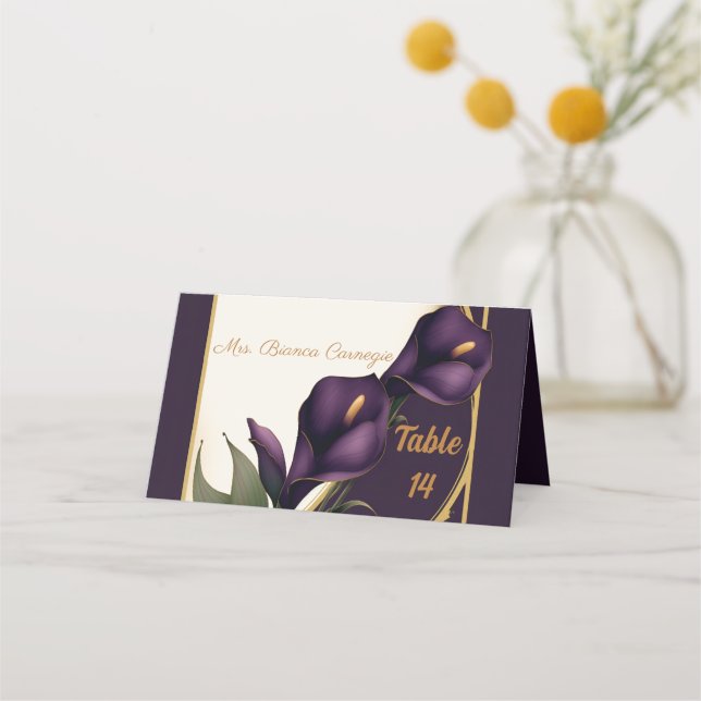 Tarjeta De Asiento Elegante Boda Violeta Púrpura y Oro Calla Lily (Anverso)