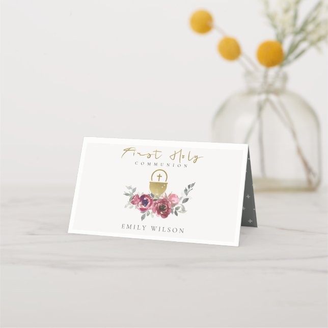 TARJETA DE ASIENTO ELEGANTE BURGUNDY GOLD FLORAL PRIMERA COMUNICACIÓN (Anverso)