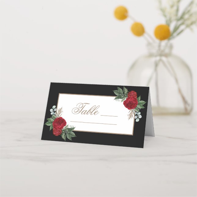 Tarjeta De Asiento Elegante caligrafía dorada floral roja (Anverso)