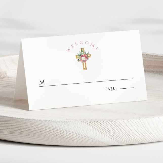Tarjeta De Asiento Elegante Comunidad Religiosa Cruzada Floral Primer (Front - Elegant Religious Cross Floral First Communion Place Card)