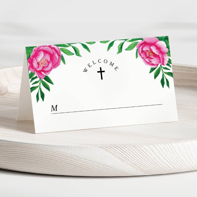 Tarjeta De Asiento Elegante Comunión floral rosa (Elegant Pink Floral Watercolor First Communion Place Card)