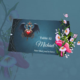 Tarjeta De Asiento Elegante corazón gótico con pájaro de fantasía.