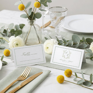 Tarjeta De Asiento Elegante Cresta Monograma Minimalista Boda Sage
