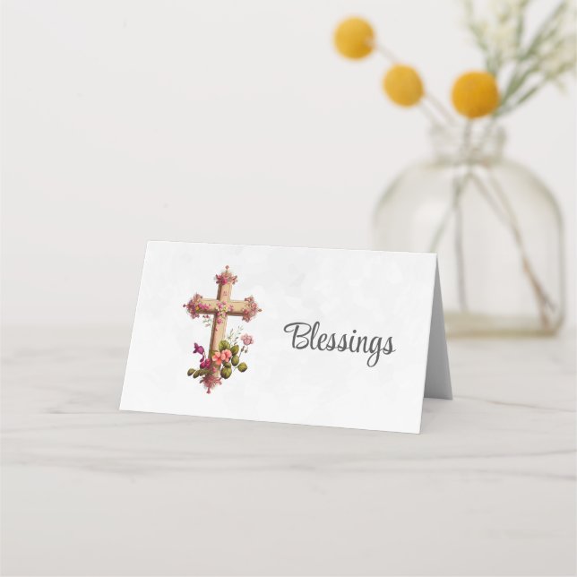 Tarjeta De Asiento Elegante cruz de madera con flores rosas (Anverso)