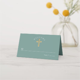 Tarjeta De Asiento Elegante Cruz Verde Primera Comunión