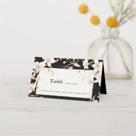 Tarjeta De Asiento Elegante diseño de flores blancas en Boda negro