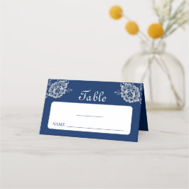 Tarjeta De Asiento Elegante encaje floral sobre Boda azul de la marin