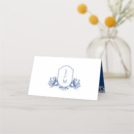 Tarjeta De Asiento Elegante Escudo de Monograma Botánico Blanco y Azu