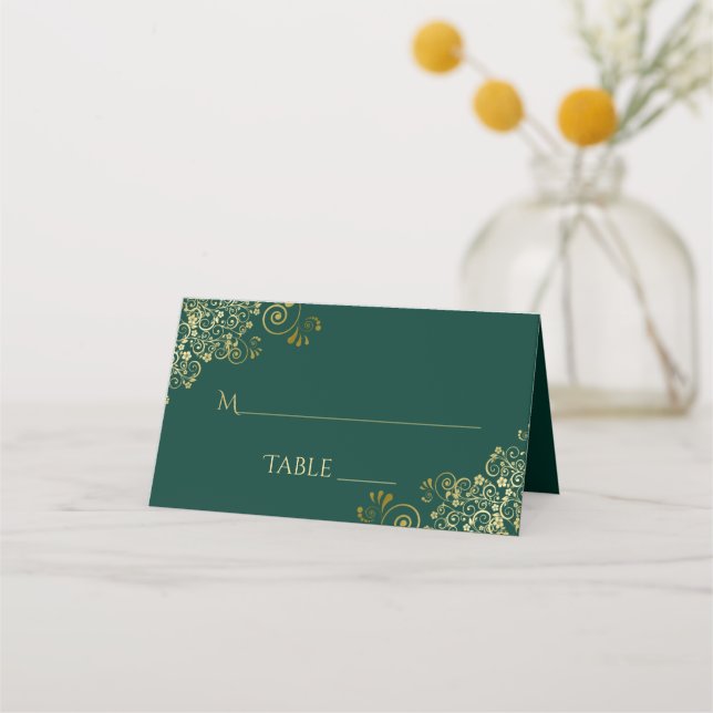 Tarjeta De Asiento Elegante Esmeralda Verde y Boda de oro Escritura (Reverso)
