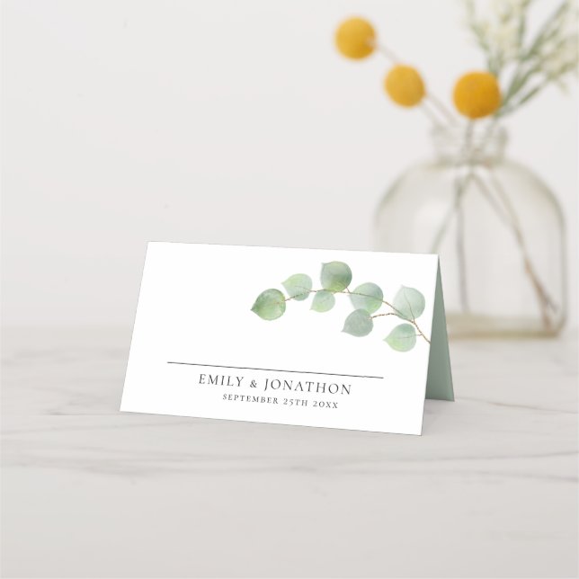 Tarjeta De Asiento Elegante Eucalipto Moderno Nombres Boda de fecha (Anverso)