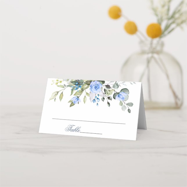 Tarjeta De Asiento Elegante Eucalyptus Rosas Azules Boda Floral (Anverso)